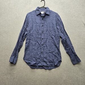M.J Bale Men Button Up Shirt M Blue Linen Check Samurai Casual Coastal Beach
